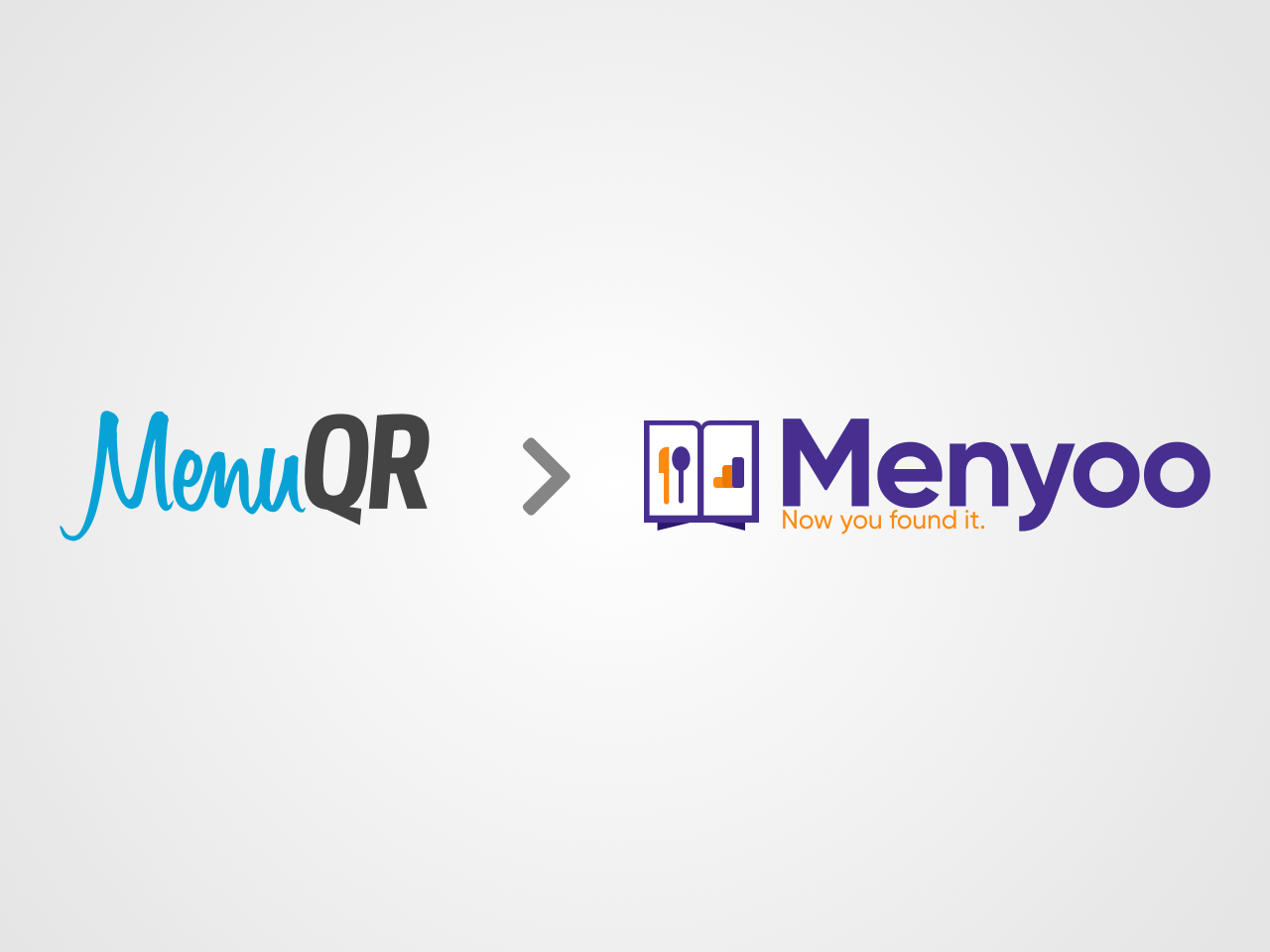 Imagem com logotipo MenuQR à esquerda, uma seta ao lado direito apontando para a direita e o logotipo da Menyoo ao lado direito da imagem.